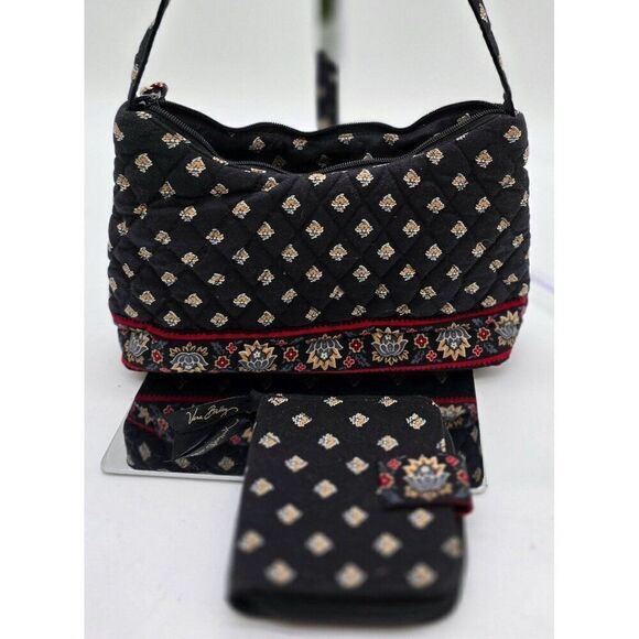 Vera Bradley Quilted Shoulder Bag & Wallet Set - Floral Pattern Zip Closure Blac - Picture 1 of 5